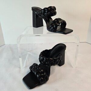 SYKTKMX Women Braided Block Heel Square Open Toe Backless Sandals Sz 7 Black